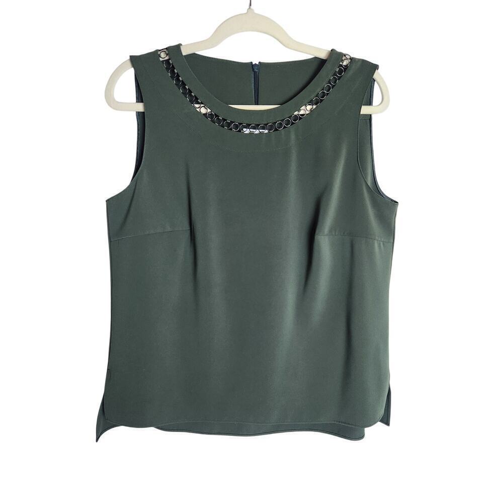 Akris Punto Laser-Cut Chained Crepe Tank Top Sz 10 dark green designer Career